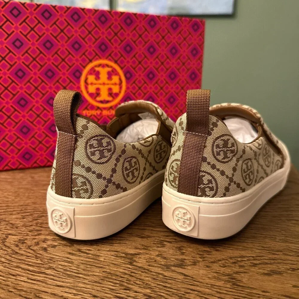 NWT！NEW！Tory Burch T Monogram Slip On Sneaker Leather /Jacquard Hazel Brown US 6